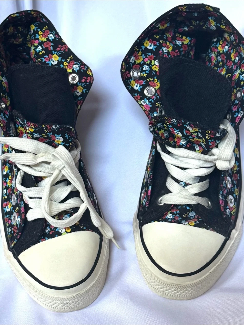 Wet Seal Black Floral hi top flip down variety ways to wear Lace-Up Shoe